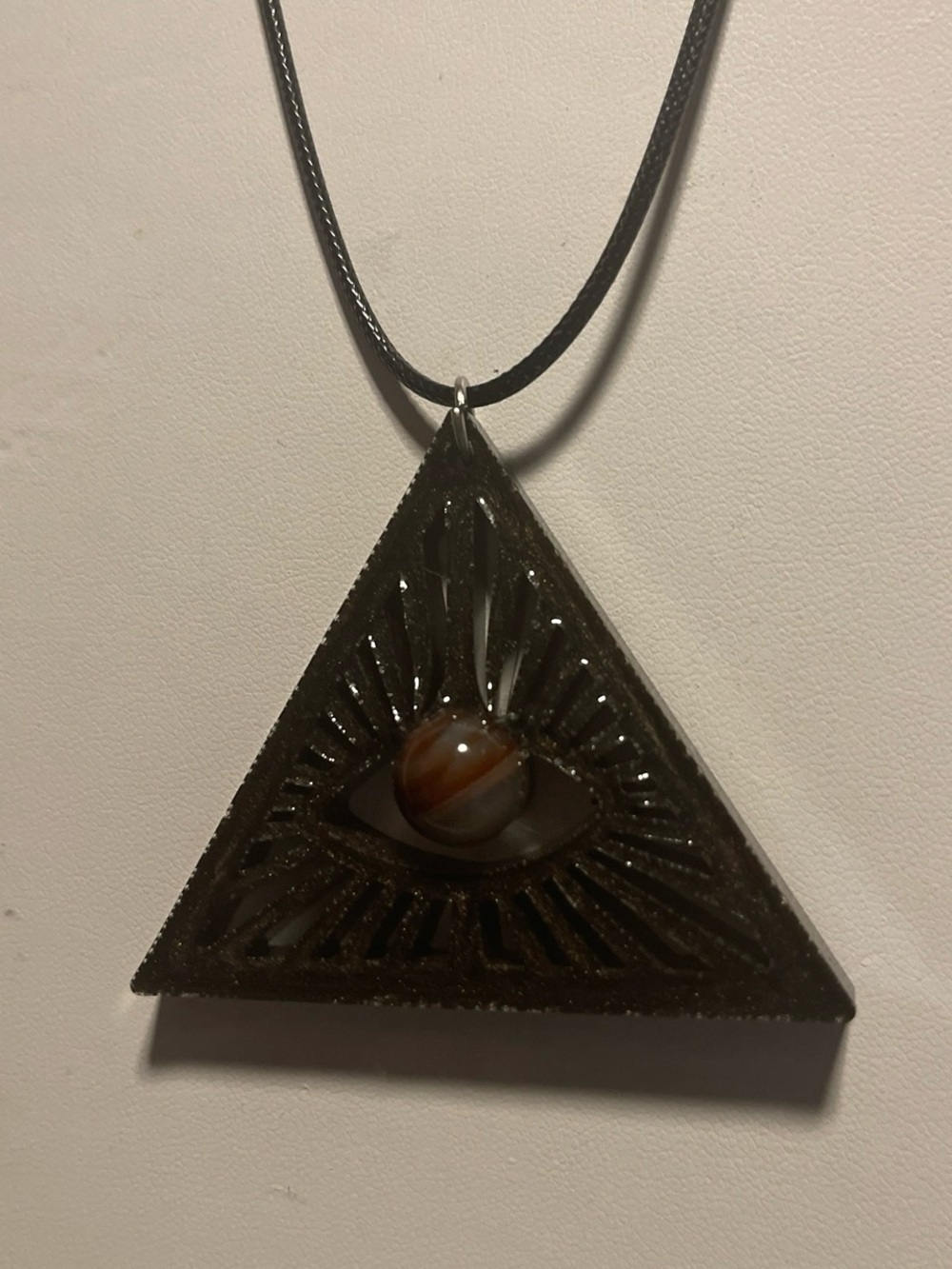 Black Triangle All-Seeing Eye Pendant Necklace with Brown Agate Accent